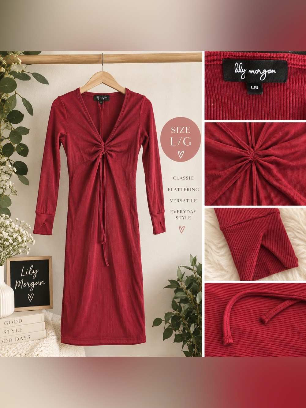 Lily Morgan Women’s Burgundy Ribbed Long Sleeve Midi Dress Size L/G